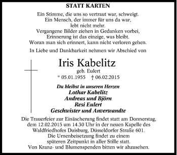 Traueranzeige von Iris Kabelitz von Tageszeitung