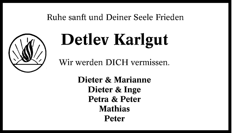  Traueranzeige für Detlev Karlgut vom 14.02.2015 aus Tageszeitung
