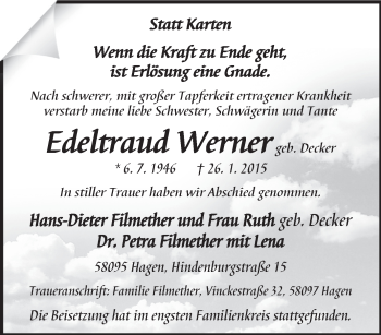 Traueranzeige von Edeltraud Werner von Tageszeitung