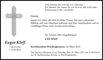 Traueranzeige von Eugen Kleff von Tageszeitung