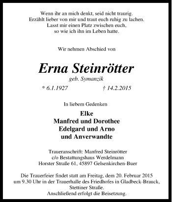 Traueranzeige von Erna Steinrötter von Tageszeitung