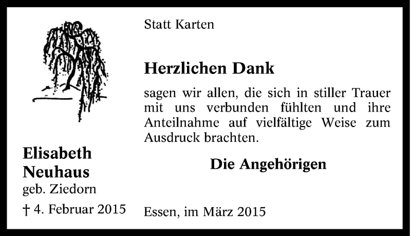  Traueranzeige für Elisabeth Neuhaus vom 14.02.2015 aus Tageszeitung