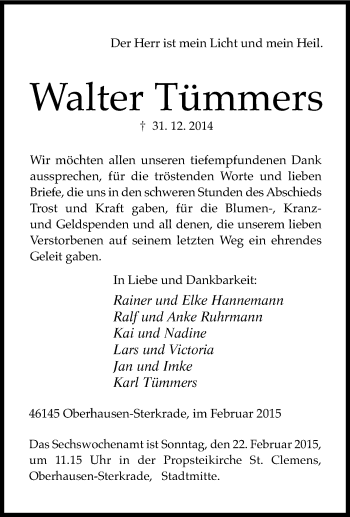 Traueranzeige von Walter Tümmers von Tageszeitung