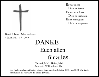 Traueranzeige von Kurt Johann Maasackers von Tageszeitung