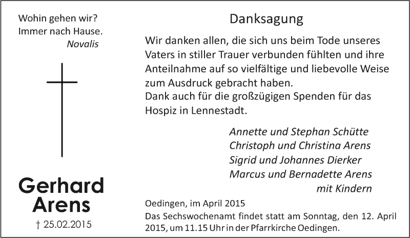  Traueranzeige für Gerhard Arens vom 27.02.2015 aus Tageszeitung