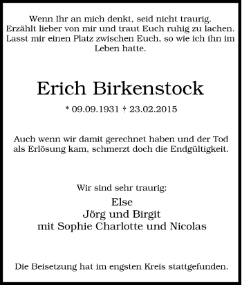 Traueranzeige von Erich Birkenstock von Tageszeitung