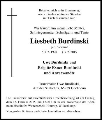 Traueranzeige von Liesbeth Burdinski von Tageszeitung
