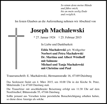 Traueranzeige von Joseph Machalewski von Tageszeitung