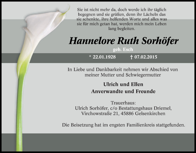  Traueranzeige für Hannelore Ruth Sorhöfer vom 13.02.2015 aus Tageszeitung