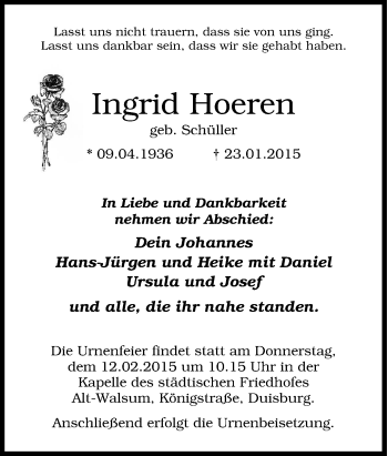 Traueranzeige von Ingrid Hoeren von Tageszeitung