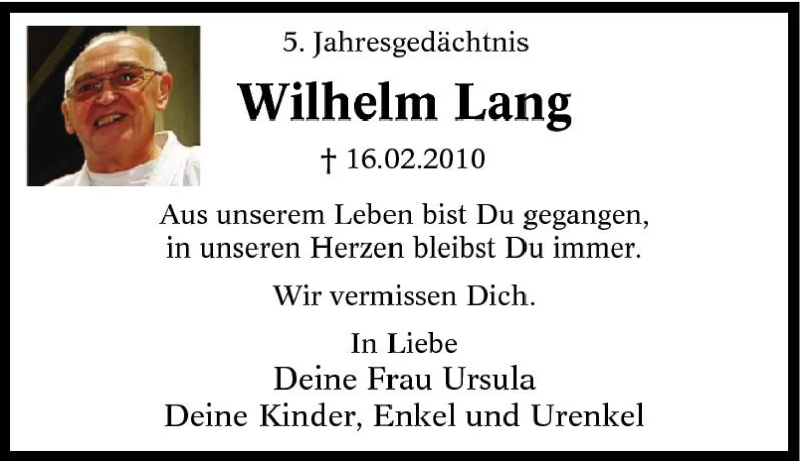  Traueranzeige für Wilhelm Lang vom 16.02.2015 aus Tageszeitung