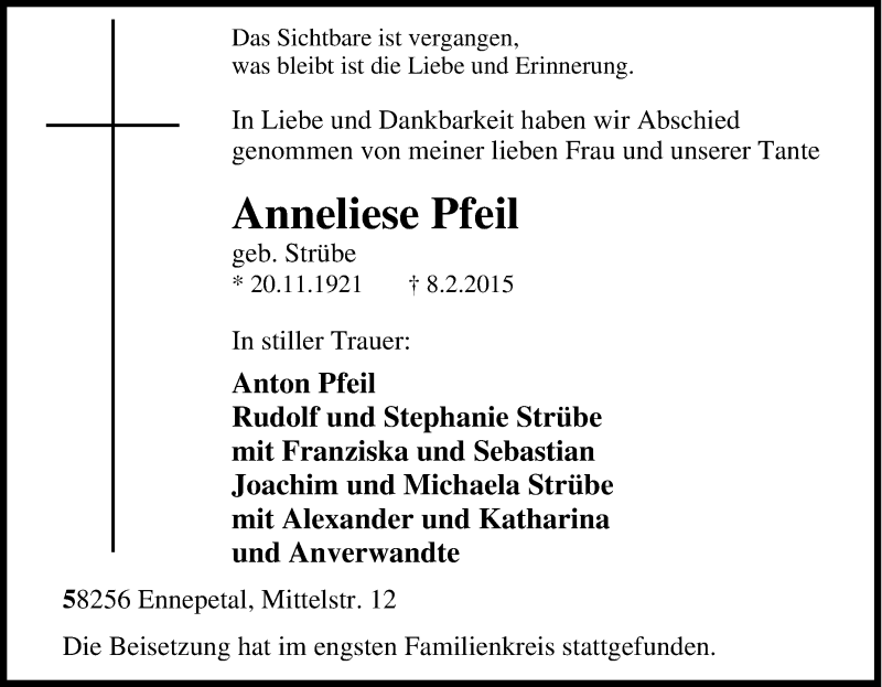  Traueranzeige für Anneliese Pfeil vom 14.02.2015 aus Tageszeitung