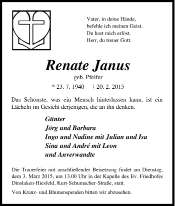 Traueranzeige von Renate Janus von Tageszeitung