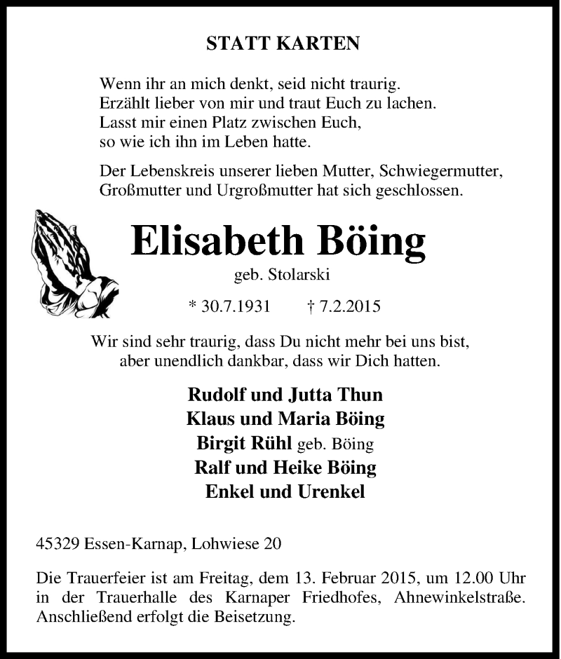  Traueranzeige für Elisabeth Böing vom 11.02.2015 aus Tageszeitung