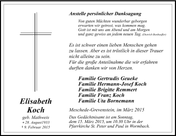 Traueranzeige von Elisabeth Koch von Tageszeitung
