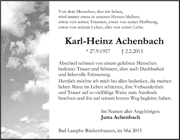 Traueranzeige von Karl-Heinz Achenbach von Tageszeitung