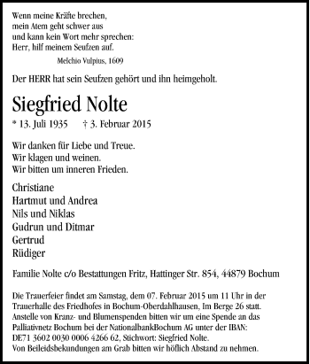 Traueranzeige von Siegfried Nolte von Tageszeitung