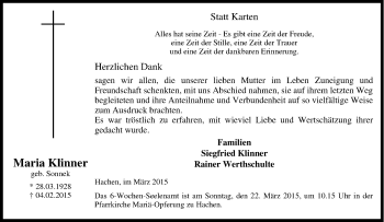 Traueranzeige von Maria Klinner von Tageszeitung