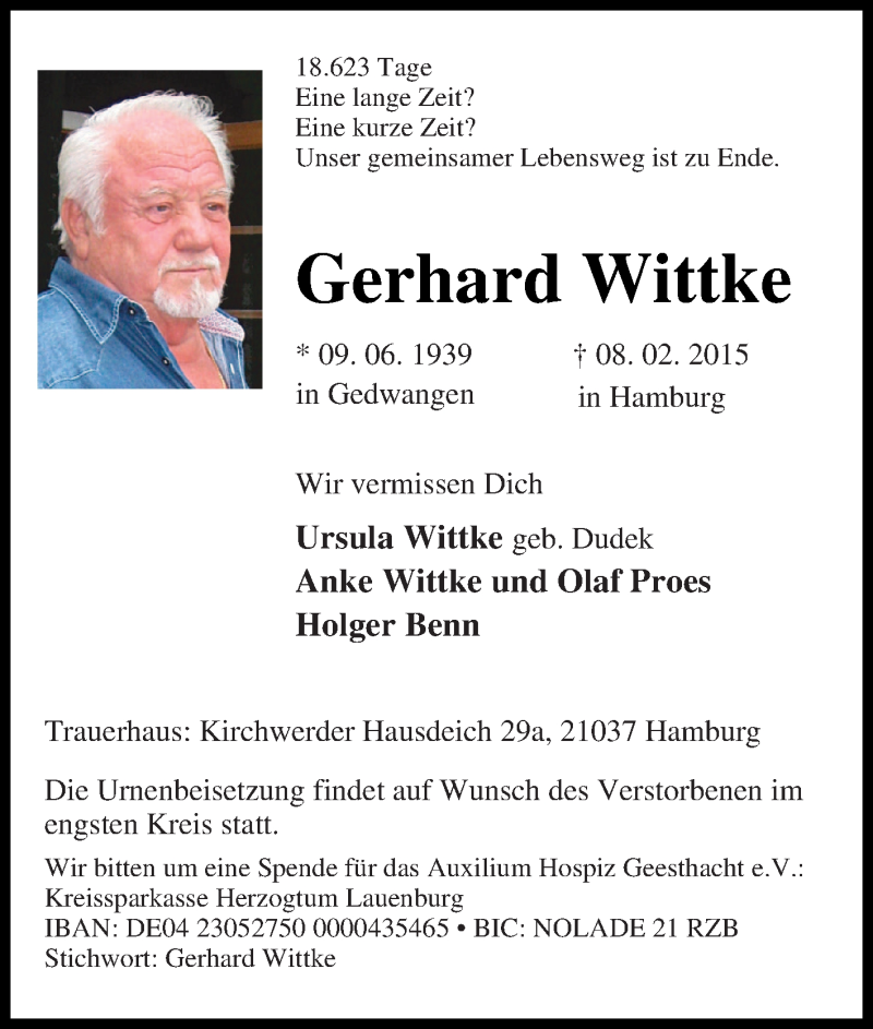  Traueranzeige für Gerhard Wittke vom 14.02.2015 aus Tageszeitung