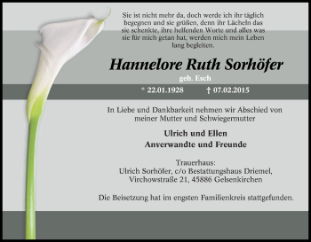 Traueranzeige von Hannelore Ruth Sorhöfer von Tageszeitung