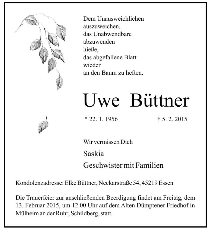  Traueranzeige für Uwe Büttner vom 09.02.2015 aus Tageszeitung