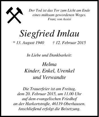 Traueranzeige von Siegfried Imlau von Tageszeitung