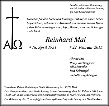 Traueranzeige von Reinhard Mai von Tageszeitung