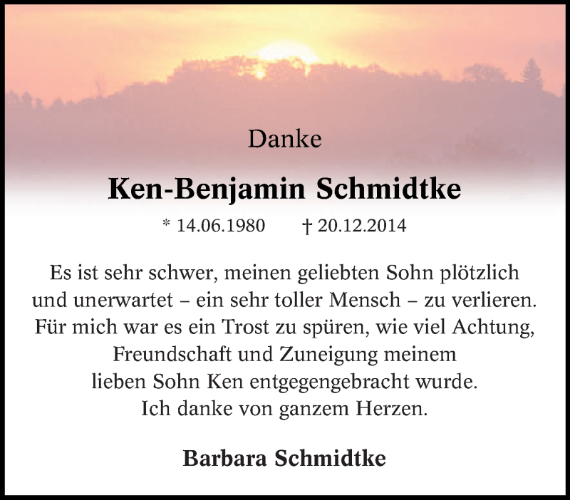  Traueranzeige für Ken-Benjamin Schmidtke vom 11.02.2015 aus Tageszeitung