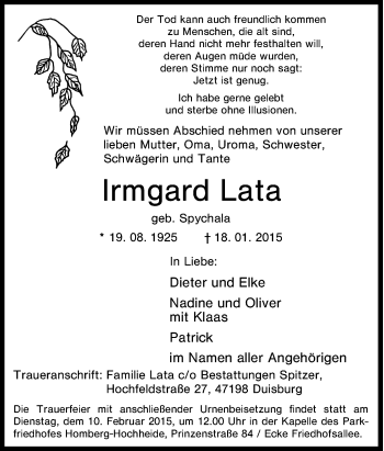 Traueranzeige von Irmgard Lata von Tageszeitung
