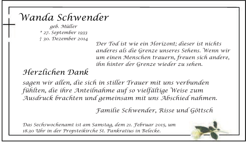  Traueranzeige für Wanda Schwender vom 14.02.2015 aus Tageszeitung