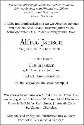 Traueranzeige von Alfred Jansen von Tageszeitung