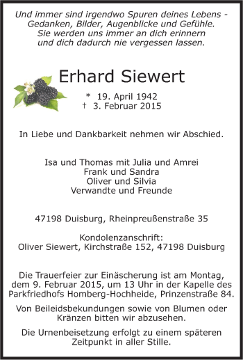 Traueranzeige von Erhard Siewert von Tageszeitung