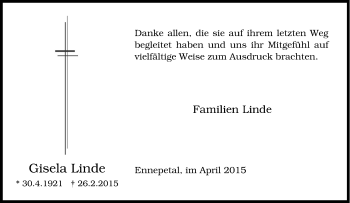 Traueranzeige von Gisela Linde von Tageszeitung
