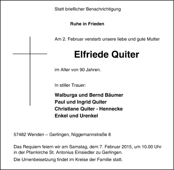 Traueranzeige von Elfriede Quiter von Tageszeitung
