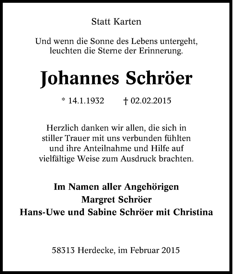  Traueranzeige für Johannes Schröer vom 04.02.2015 aus Tageszeitung