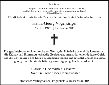 Traueranzeige von Heinz-Georg Vogelsänger von Tageszeitung