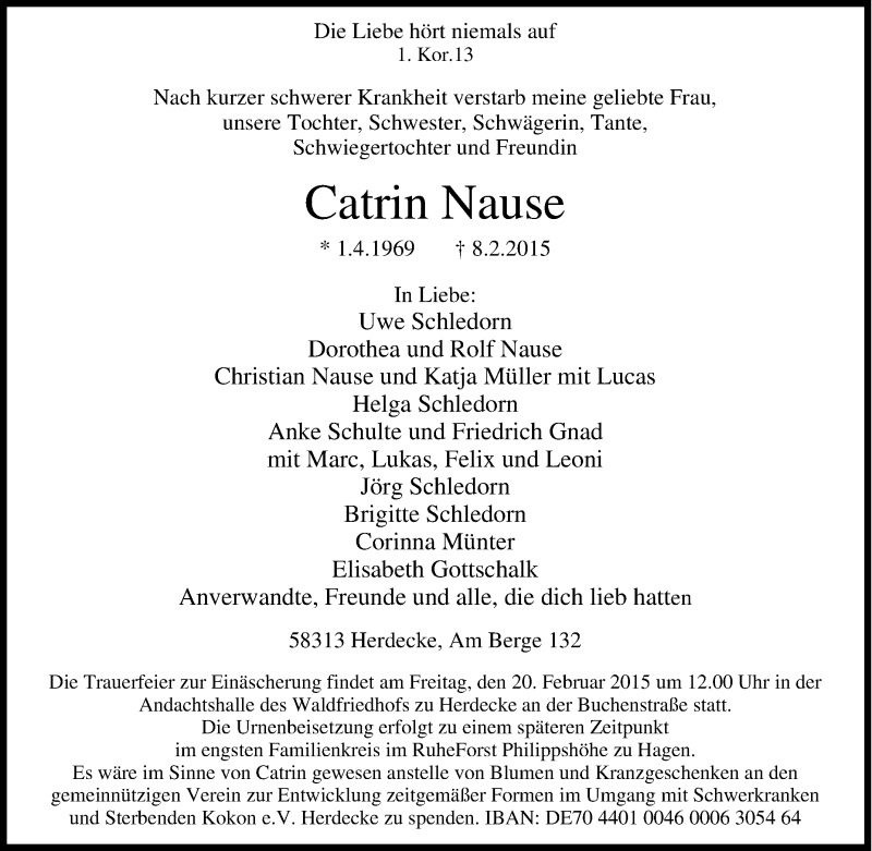  Traueranzeige für Catrin Nause vom 14.02.2015 aus Tageszeitung