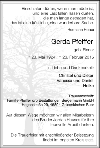 Traueranzeige von Gerda Pfeiffer von Tageszeitung