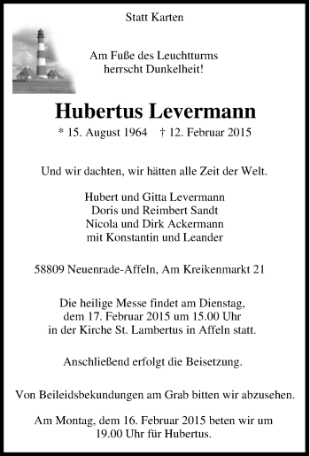Traueranzeige von Hubertus Levermann von Tageszeitung
