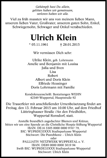 Traueranzeige von Ulrich Klein von Tageszeitung