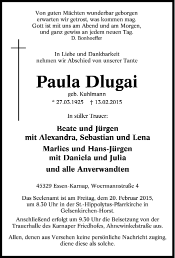 Traueranzeige von Paula Dlugai von Tageszeitung