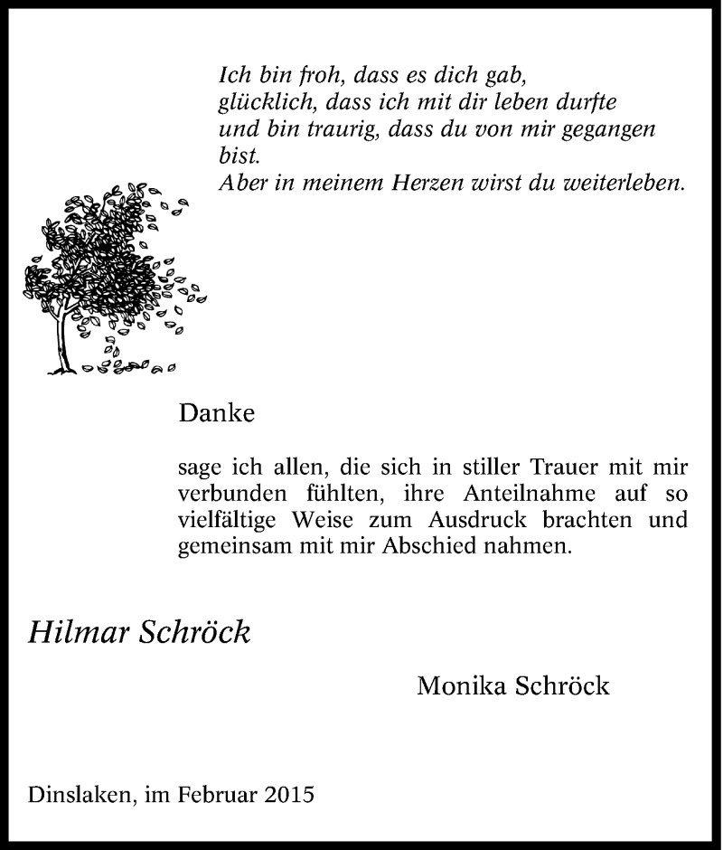  Traueranzeige für Hilmar Schröck vom 07.02.2015 aus Tageszeitung