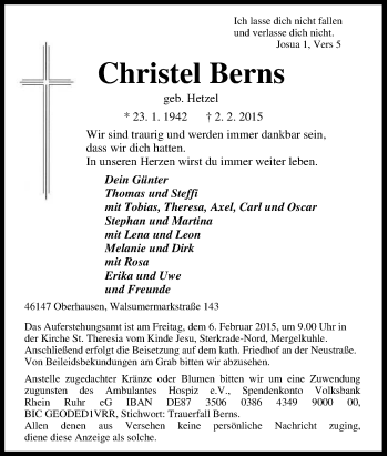 Traueranzeige von Christel Berns von Tageszeitung