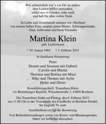 Traueranzeige von Martina Klein von Tageszeitung