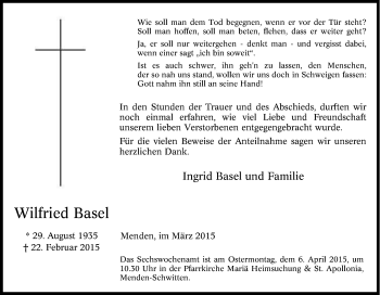 Traueranzeige von Wilfried Basel von Tageszeitung