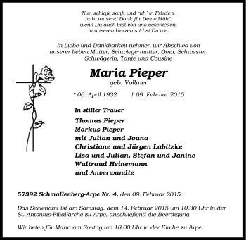 Traueranzeige von Maria Pieper von Tageszeitung