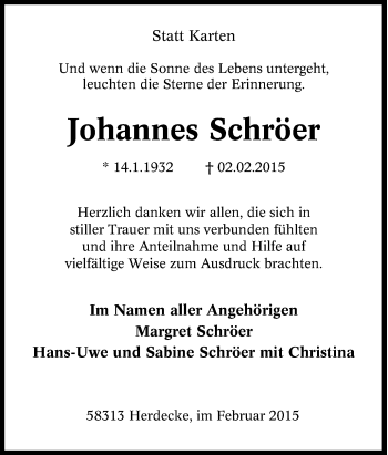 Traueranzeige von Johannes Schröer von Tageszeitung