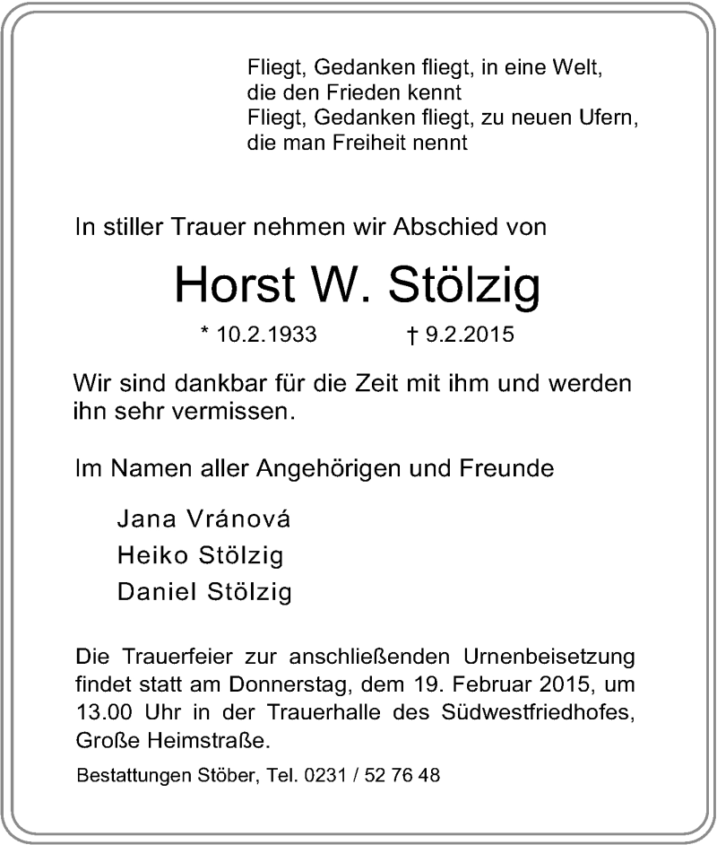  Traueranzeige für Horst W. Stölzig vom 14.02.2015 aus Tageszeitung
