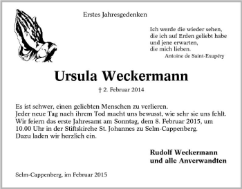 Traueranzeige von Ursula Weckermann von Tageszeitung