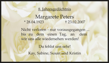 Traueranzeige von Margarete Peters von Tageszeitung
